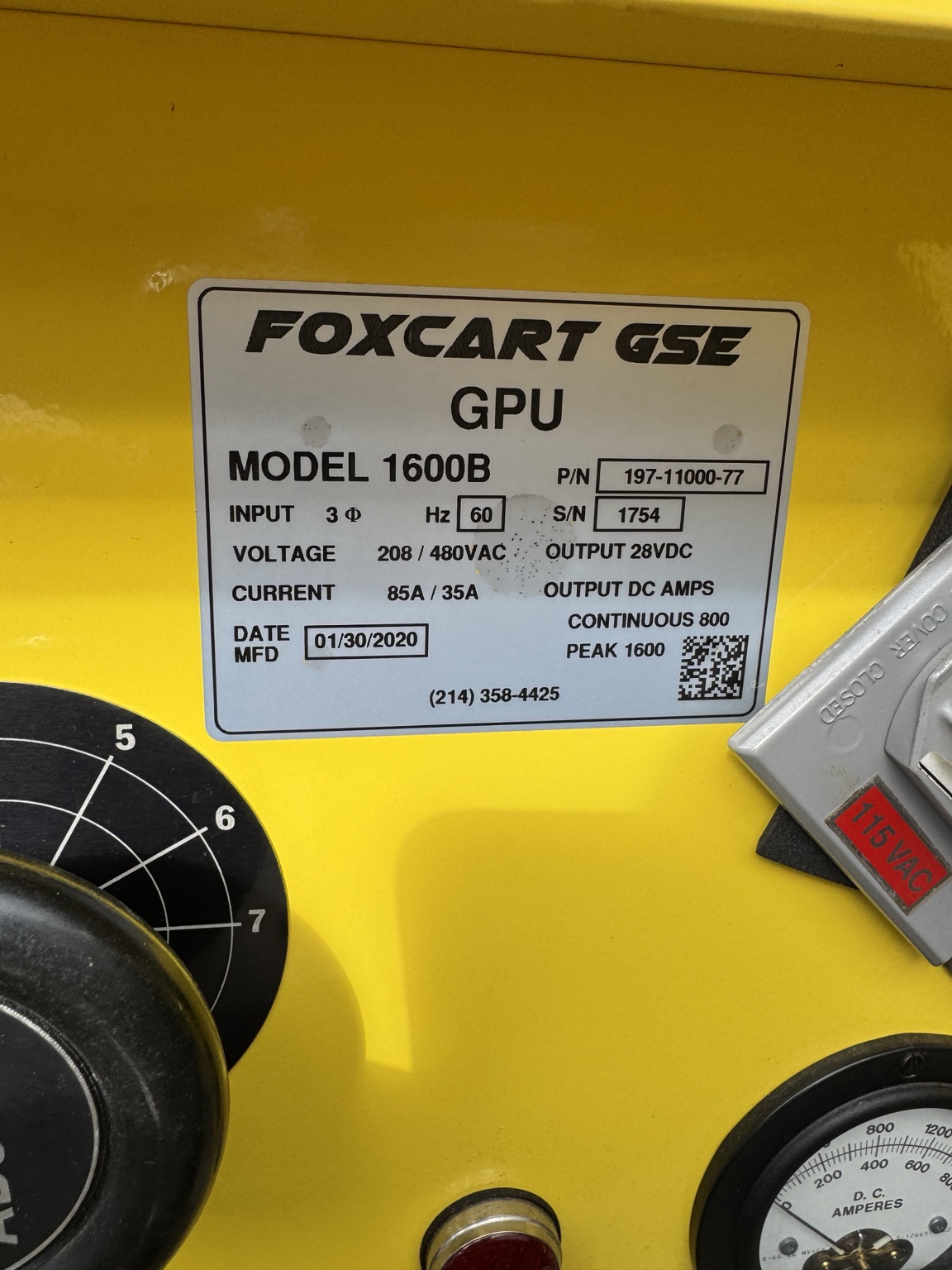 Specification plate on the airport's FoxCart ground power unit